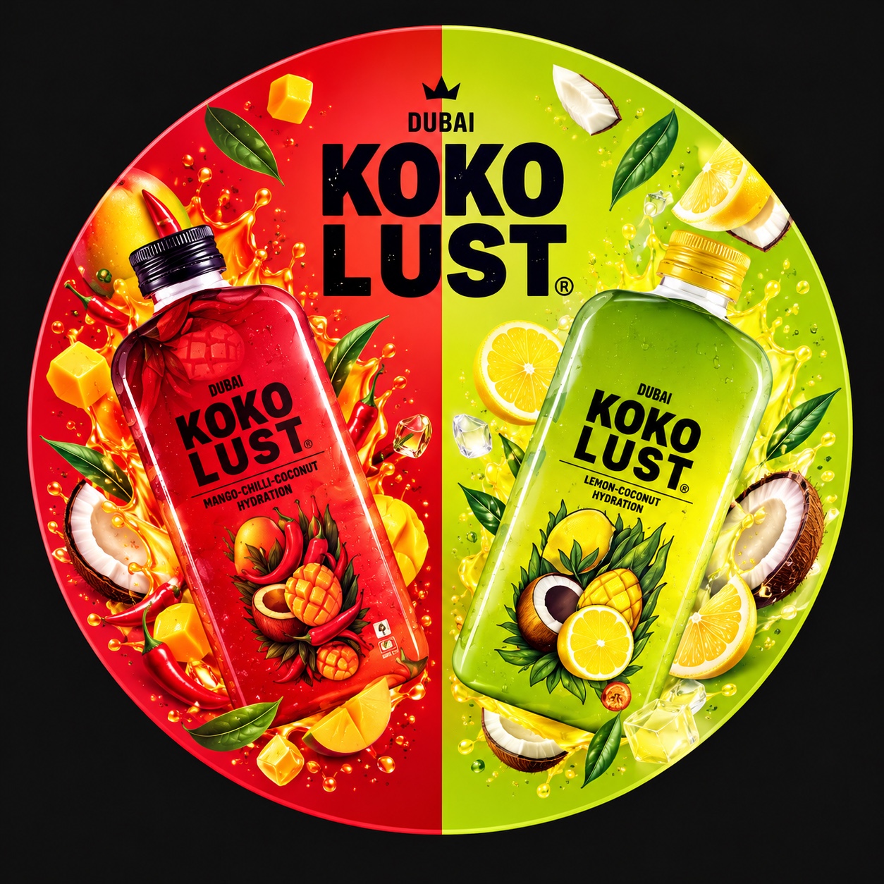 Circular KOKO LUST Hydration range artwork for Mango-Chilli-Coconut and Lemon-Coconut